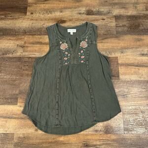 Cross Stitched Embroidered Rose Floral Flowy Dusty Green Festival Tank Top READ